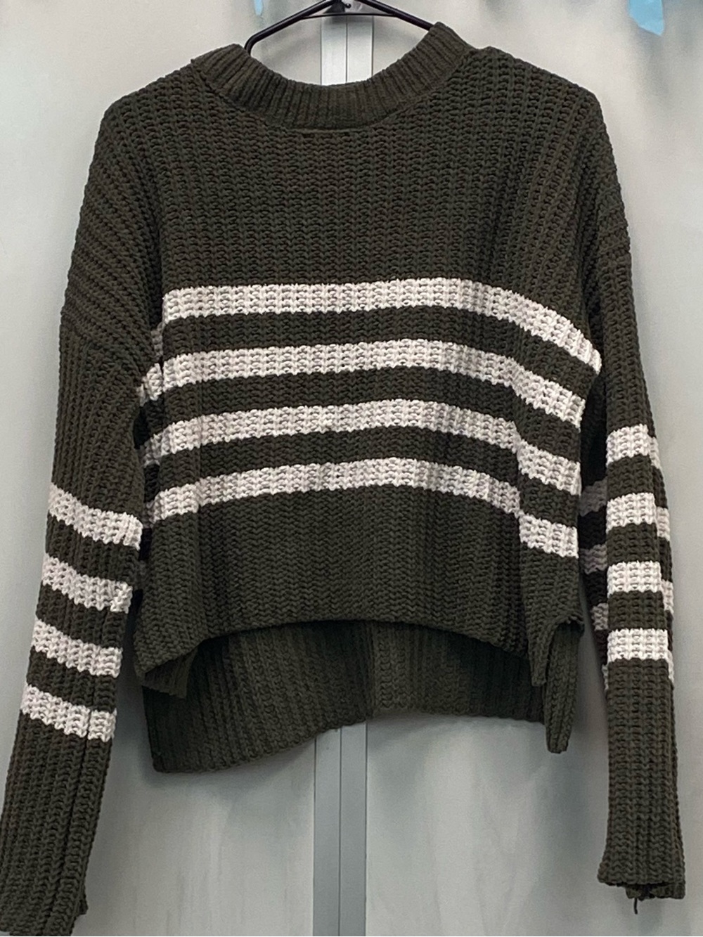 Olive Green Striped Crewneck Sweater